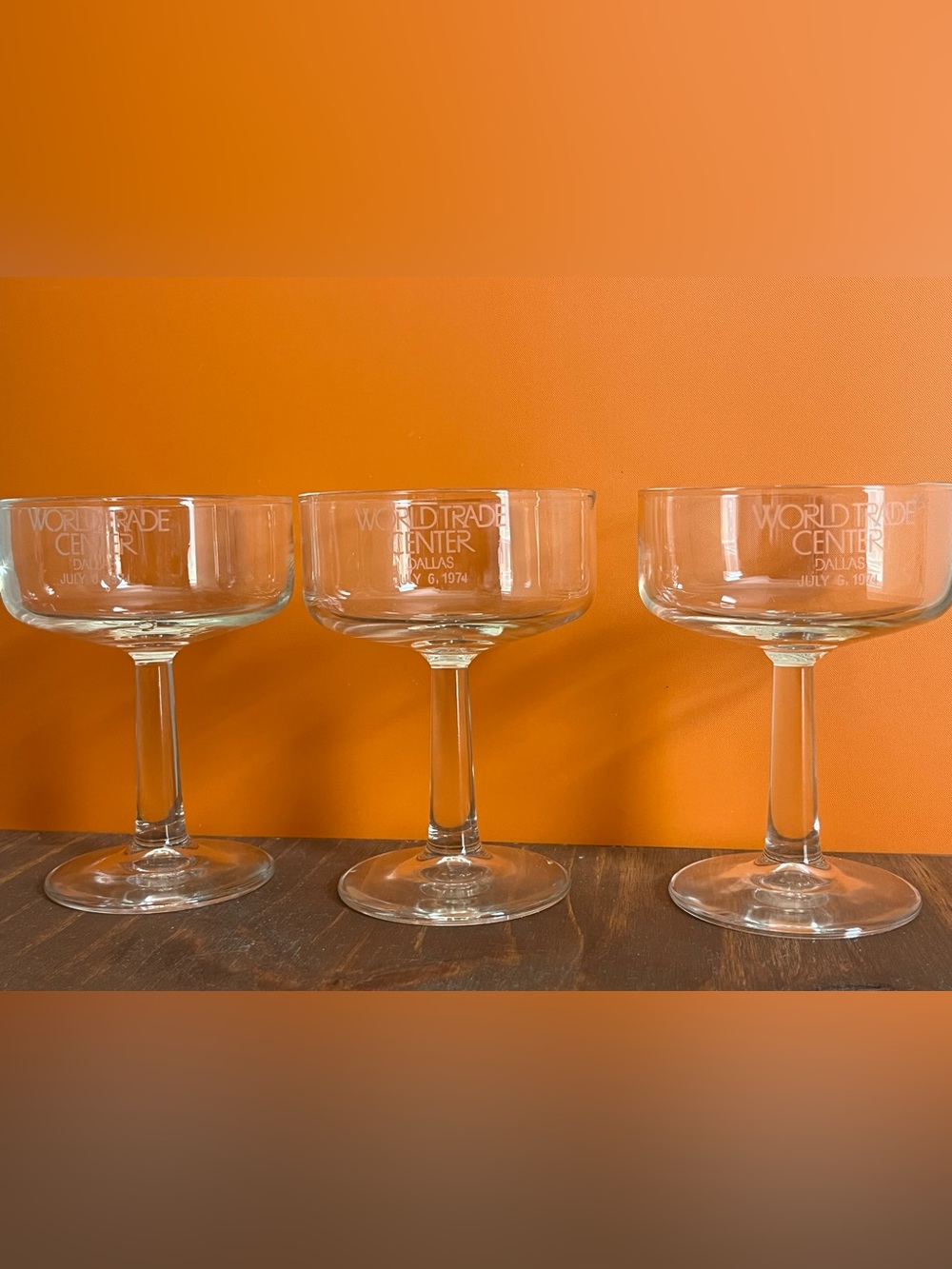 World Trade Center Dallas July 6,1974 Pedestal Glasses Souvenir Champagne Coupes